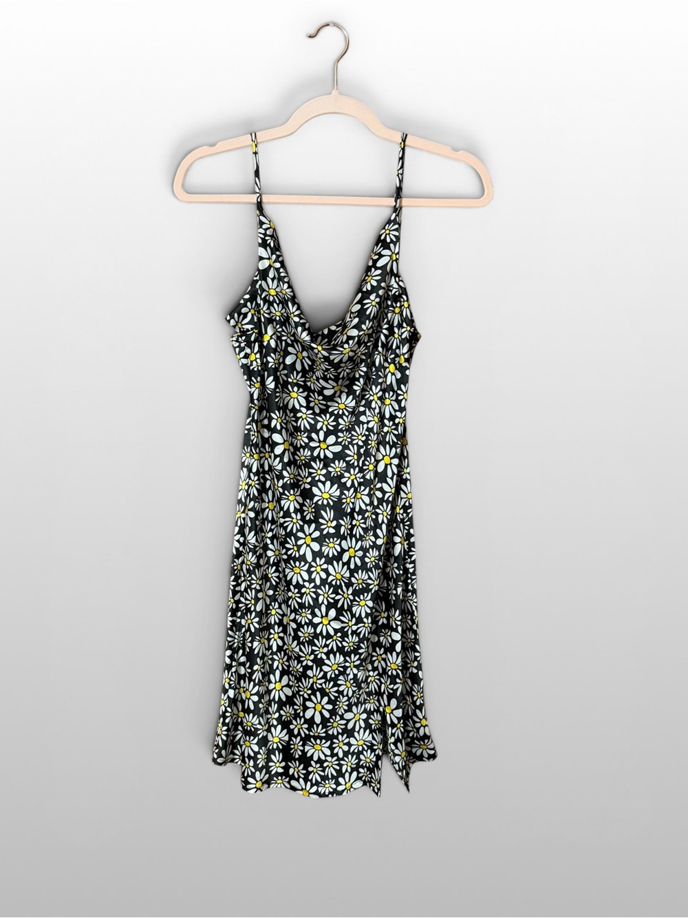 Y2K Daisy Print Satin Slip Dress Cowl Neck Floral Mini Size Small
